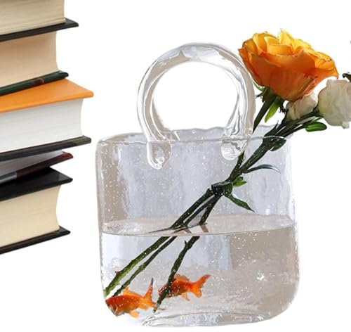 Jarrón transparente de forma a mano - y hermoso, estable y robusto | Jarrón de bolso de para flores, florero de bolsa de azul con acuario, florero transparente con asa y para