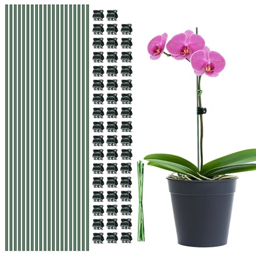 TSKDKIT Supporti per Piante 40 cm, 20 PCS Bastoncini di Supporto Verdi Pieghevoli con 50 Clip e 20 Cravatte, Bastoncini da Giardinaggio per Piantine di Girasole, Orchidee