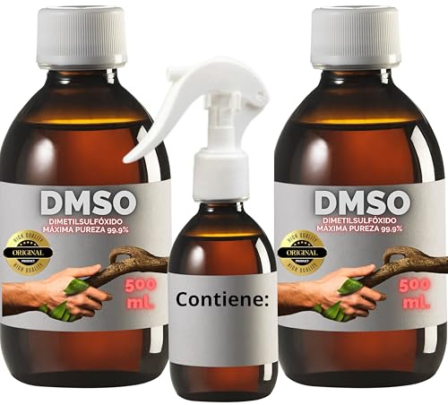 2 X DMSO 500 ml. 99,9% Pureza Con Gotero | Dimetilsulfóxido Calidad Ph Eur | Regalo Frasco125ml + Difusor + Vasito Dosificador | Frascos Ámbar de Laboratorio | Precinto de Seguridad