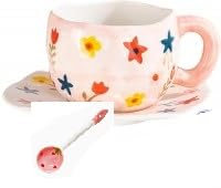 Tolenre Tasse à Café en Céramique avec Soucoupe, Mignon, Créatif, Tasse à Fleur Rose, Design Irrégulier Unique pour Bureau et Maison, 10 oz/300 ml pour Latte, Thé, Lait