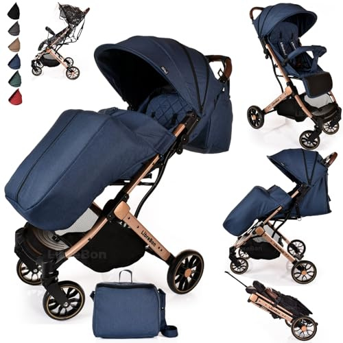 Baby Pushchair, Lightweight Stroller, Compact Travel Buggy, One Hand Foldable, Five-Point Harness, Foot Cover, Mommy Bag, Rain Cover, All Year Round (Blue - Rose Gold Frame)