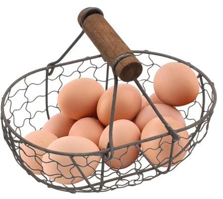 Cestino ovale per uova di gallina con manico in legno, cestino portaoggetti in filo metallico per pane di frutta e verdura, cestini per la raccolta di uova fresche per il piano di lavoro della cucina