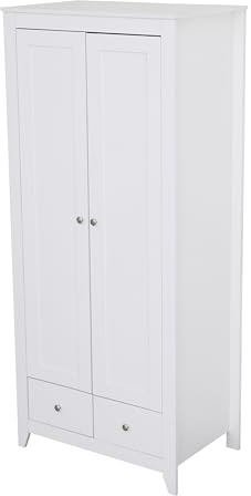 CFDZ Wooden White Wardrobe with Hanging Rail 2 Doors and 2 Drawers Wardrobes Clothes Storage Unit Clothes Chest for Bedroom Furniture