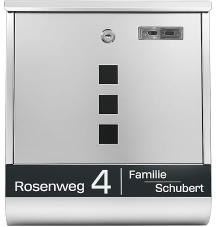 Grafner Edelstahl Briefkasten personalisiert, mit Namensschild RAL7016 anthrazitgrau, Zeitungsfach und 2 Schlüssel, Postkasten mit Name Straße Hausnummer, Wandbriefkasten graviert, Montagematerial