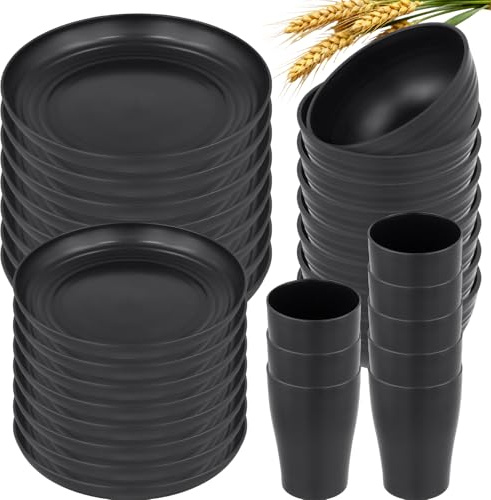 MUKSUET Set 8 in Unbreakable Black Plastic Dinnerware, 32 Pcs Dinner Plates, Bowls, Salad Plates, Cups for Camping, Picnic, Party, Microwave & Dishwasher Safe