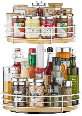 Lazy Susan Drehteller mit Zwei Ebenen, höhenverstellbar, 2 Etagen, Holz, 30,5 cm, drehbares Gewürzregal, Organizer für Schrank, Esstisch, Küche, Badezimmer, Arbeitsplatte, Weiß | Höhenverstellbares, drehbares Gewürzregal, Holzkonstruktion, für Schrank, Esstisch, Küche, Badezimmer, Arbeitsplatte