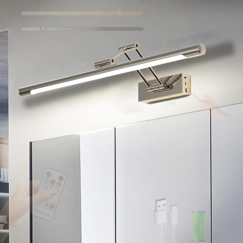 LED Spiegelleuchte Bad Akku Wandleuchte mit Fernbedienung Touch Steuerung Dimmbar Wandbeleuchtung USB Aufladbar Bildbeleuchtung Wandleuchten für Spiegelschrank Badezimmer Wohnzimmer (Silber,40cm)