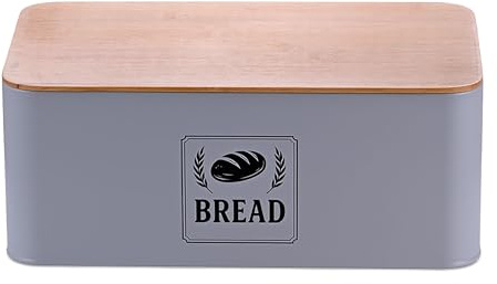 Relaxdays Brotkasten, Bambusdeckel, Metall, HxBxT: 13,5 x 33 x 19 cm, Retro Brotaufbewahrungsbox, Brotbehälter, grau