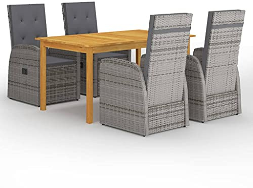 Teenpull 5 pezzi Gruppo da giardino in rattan PE resistente alle intemperie e legno di acacia, sedie regolabili con imbottitura, grigio, per patio all'aperto