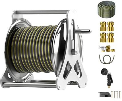 Avvolgitubo da giardino, montaggio a parete, in acciaio inox, con maniglia e staffa per un facile utilizzo in giardino e autolavaggio