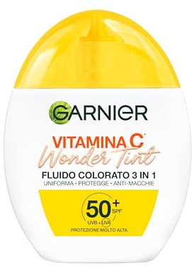 Garnier Fluido Colorato 3 in 1 Wonder Tint Vitamina C, Per Tutti i Tipi di Pelle, Protezione Solare SPF50+, Pelle Uniformata e Protetta, Macchie Ridotte, Tonalità: Light, 40 ml