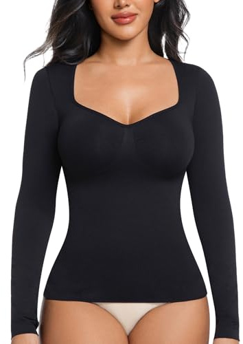 ONEW magkontroll långärmad kompressionströja dam formande undertröja magkontroll Shapewear topp, svart, L