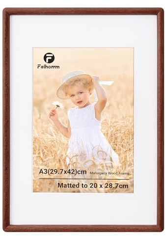 Feihorrm A3 Picture Frame, Mahogany Frame, Matted to A4(20x28.7cm) Photo | A3 Frame, Wooden Photo Frame, Handcrafted Rounded Corners with HD Tempered Glass, Wall Mount Display