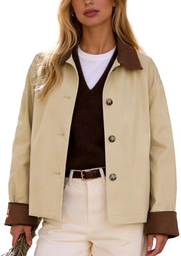 Flygo Womens Casual Jackets Cropped Trench Coat Contrast Collar Button Down Loose 2026 Spring Fall Jacket(Khaki-XL)
