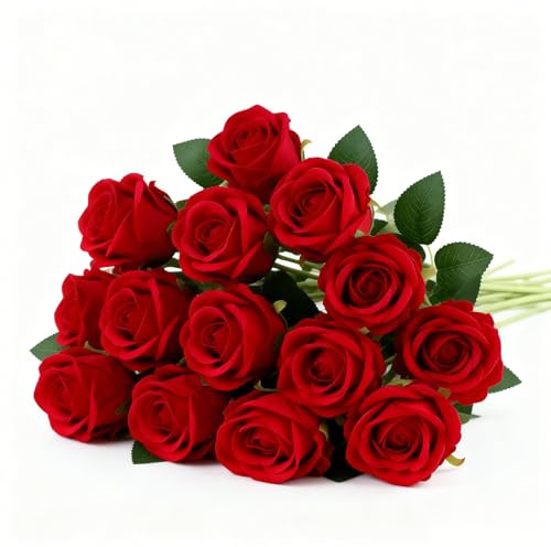 JIXUAN Artificial Red Roses, 12 PCS with Long Stems, Festive Deco | Lifelike Fake Rose Flowers, DIY Bouquet, Wedding Decoration, Home Garden Party Decor, Valentine's Day