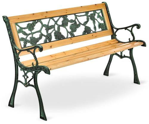 Juskys Gartenbank Venezia - 2-Sitzer Holzbank mit Armlehnen & Rückenlehne - wetterfeste Sitzbank 122x54x73 cm - Seitenelemente aus Gusseisen