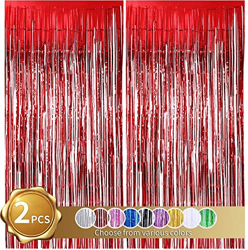 2 Pack Foil Fringe Curtain,Red Tinsel Metallic Curtains Christmas Decoration Photo Backdrop for Wedding Engagement Bridal Shower Birthday Bachelorette Party Stage Decor(3.28 ft x 6.56 ft)