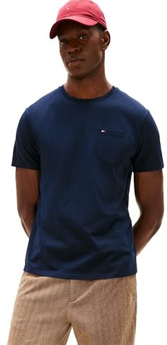 Tommy Hilfiger Men's Short Sleeve Crewneck T Shirt with Pocket, Navy Blazer, Small
