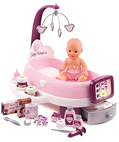 Smoby – Baby Nurse elektronisk dockvårdstation – docksäng med mobil, elektronisk kontrollbricka och många tillbehör, för barn från 3 år, rosa, lila