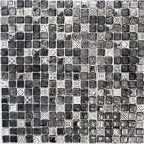 Mosaik Fliese Transluzent weiß silber schwarz Glasmosaik Crystal Stein weiß silber schwarz Struktur für WAND BAD DUSCHE KÜCHE FLIESENSPIEGEL THEKENVERKLEIDUNG Mosaikmatte Mosaikplatte