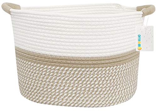 OYHOMO Faltbare Aufbewahrungskorb Groß Baumwolle Seil Geflochten Korb zur Organisation von Wäsche, Decken, Baby-Spielzeugen, Kinderzimmer, 35x25x25 cm, Weiß & Khaki