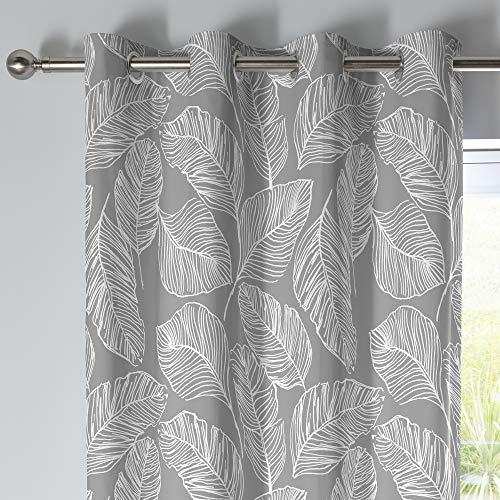 Fusion Matteo Grey Leaf Print Drapes – W46 x L54 (117x137cm) – 100% Cotton – 2 Panels – Tropical Botanical Window Dressing for Bedroom/Living Room – Soft Grey Panel Pair – Eyelet Heading