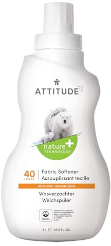 ATTITUDE Liquid Fabric Softener, Plant-Based & Vegan, HE Compatible, Naturally Derived, Citrus Zest Scent, 40 Loads, 1 Liter