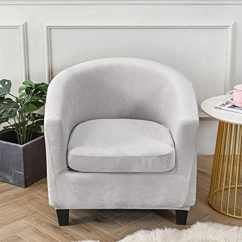 Highdi Sesselschoner 2 Teilige Samt Plüsch Sesselbezug, Stretch Tub Chair Sesselhussen mit Armlehne, Club Sesselüberwurf für Clubsessel Loungesessel Cocktailsessel (Hellgrau)
