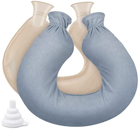 Anstore Wärmflasche in U-Form mit weichem Bezug, Nacken und Schulter 2L Wärmflasche mit abnehmbarem und waschbarem Fleecebezug, Premium Wärmbeutel zur Schmerzlinderung (Grau)