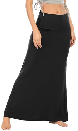 Durio Rock Maxirock Lang Damen Rock Weich Damenrock Freizeitrock mit hohem Bund Skirt Elastisch Schwarz 36-38 (Tag Size S)