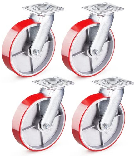GBL Heavy Duty Castor Wheels with 0 Brakes - 200mm up to 1520KG - Set of 4 No Floor Marks Silent Caster for Furniture - Rubbered Trolley Wheels - Red Castors
