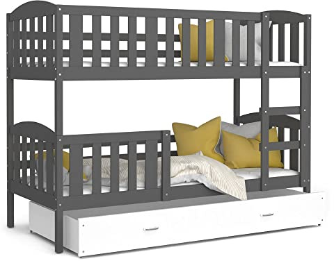 Lit Superposé Teo 80x160 Gris - blanc Livré avec sommiers, tiroir et matelas en mousse de 7cm