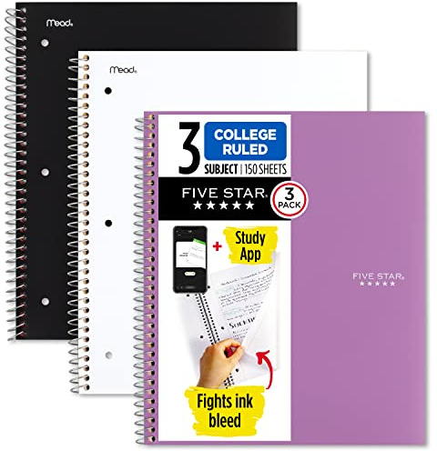 Five Star Spiral Notebook + Study App, 3 Subject, College Ruled Paper, 11 x 8-1/2, 150 Sheets, Assorted Colors, 3 Pack (820192)