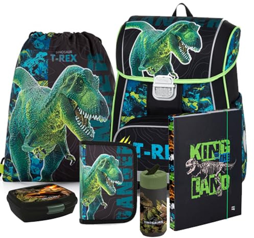 Dinosaurier Dino T-Rex Schulranzen Ranzen Set mit Federtasche Brotdose Trinkflasche
