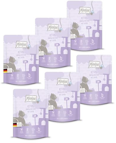 MjAMjAM - Premium Nassfutter für Katzen - Quetschie Kitten vorzügliches Kalb mit Lachsöl 300g, 6er Pack (6 x 300g), naturbelassen mit extra viel Fleisch