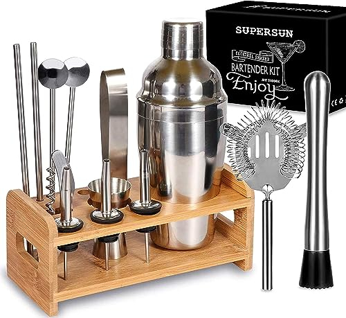 Set da 15 shaker per cocktail, 550 ml, in acciaio inox, con supporto in legno, shaker per cocktail, set regalo per bar di casa