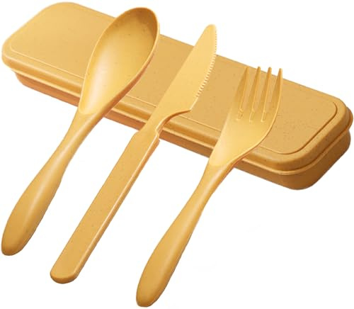 Yellow Travel Cutlery Set with Case, Reusable Plastic Knife Fork Spoon Set for Picnic, Camping, Office, School Lunch