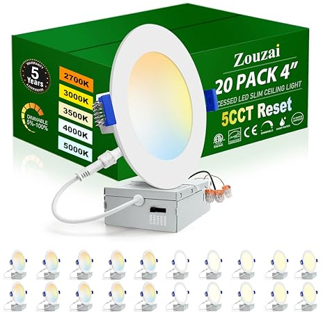 zouzai 20 Pack 4 Inch Ultra-Thin LED Recessed Ceiling Light with Junction Box 5CCT Adjustable Dimmable Can-Killer Downlight - ETL and Energy Star Certified