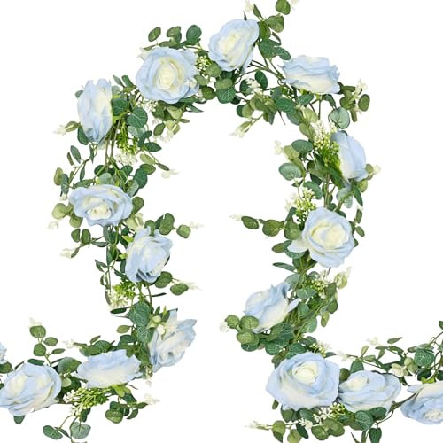 MARTINE MALL Künstliche Eukalyptus-Girlande mit Blumen, Eisblaue Blumengirlande, Seide, Eisblau, Rose, Girlande, künstliche Frühlingsblumengirlande für Tisch, Party, Hochzeit, Haus, Wanddekoration, 2