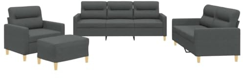 vidaXL Sofagarnitur 4-TLG., Sessel Couch mit Kissen Fußhocker, Sofa Wohnzimmersofa mit Armlehnen, Couchgarnitur Designsofa Sitzmöbel Polstermöbel, Dunkelgrau Stoff