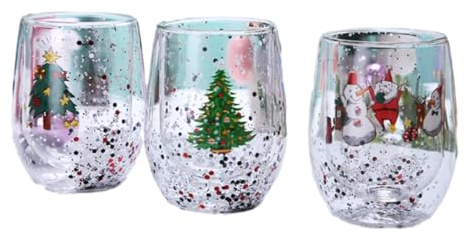 YuWangg 3tasse Double paroi,Tasse de noël Double paroi,Tasses en Verre à Double paroi avec Paillettes fluides,adapté pour contenir du Lait, du cola, du café et d'autres Boissons