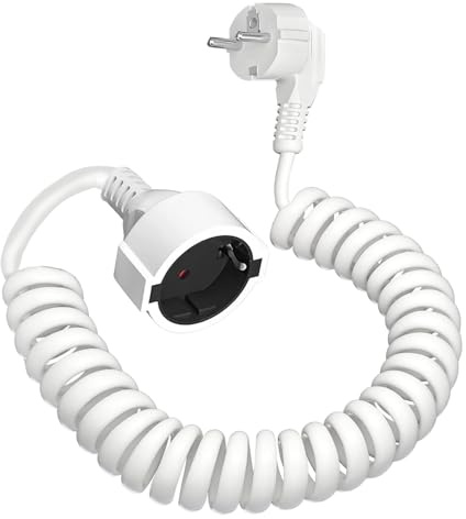 Cavo Prolunga Schuko, Con presa/spina Schuko, Cavo a Spirale con Contatto di Protezione Estensibile da 0,9 m a 5m Max, IP20 (230 V/16 A), Bianco