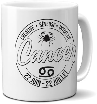 DECOHO - Tazza con segno zodiacale Cancro, 33 cl, in ceramica, stampata in Francia, colore: Bianco