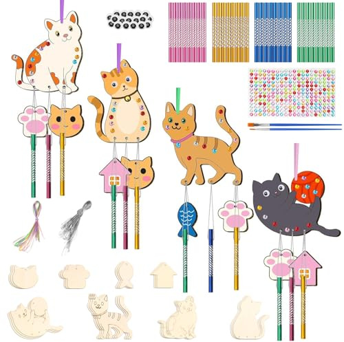 Collazoey 12 Stück Windspiel Bastelset Kinder, Katze Holz Klangspiel Basteln Bastelhandwerk mit Hängendem Klangspiele, DIY Klangspiele zum Bemalen, für Mädchen Jungen Outdoor Dekorieren