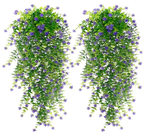 ASTNIC 4Pcs Artificial Hanging Flowers Outdoor, Fake Hanging Eucalyptus Plants Vines, UV-Resistant Faux Plastic Drooping Greenery Plants for Home Garden Yard Wedding Patio Room Wall Decor (Purple)