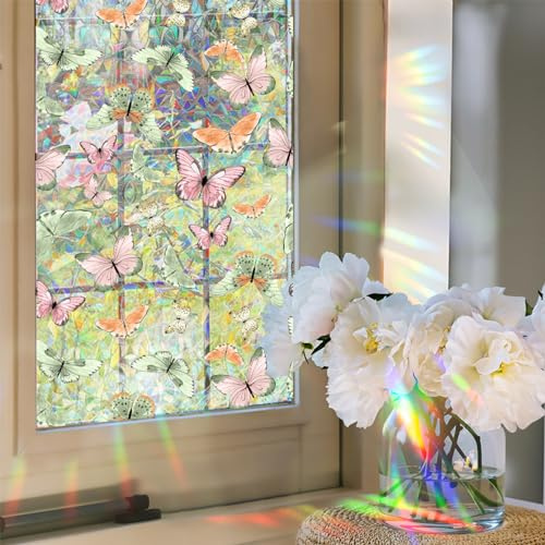 WBQMUNY Window Privacy Film,Butterflies Stained Glass Window Film,Rainbow Decorative Sun Blocking Static Cling Stickers for Room Home Decor 17.7 x 43.3
