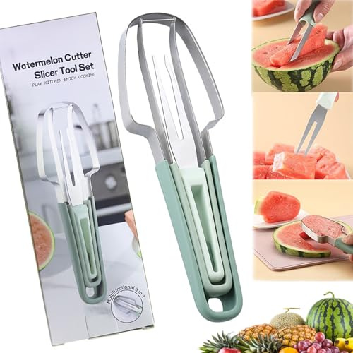 Melonenschneider,Wassermelonen Schneider Obstschneider aus Edelstahl 3-in-1 Melonen Würfel Wassermelonen Messer Obstschneider für Cantaloupe, Papaya, Drachenfrucht