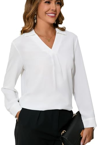 Dosieyeo Bluse Damen Elegant V Ausschnitt Langarmshirt mit Kragen Fließende Schlupfbluse Casual Weiße Alltagsbluse Bürobluse,S