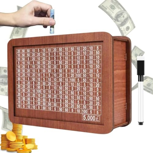 Wooden Money Box, Savings Challenge Money Box Bank Cash, Cash Vault Wooden Savings Box With Counter, Cash Saver Box with Money Target and Numbers， Birthday Gift Saving Challenge Box (￡5000)