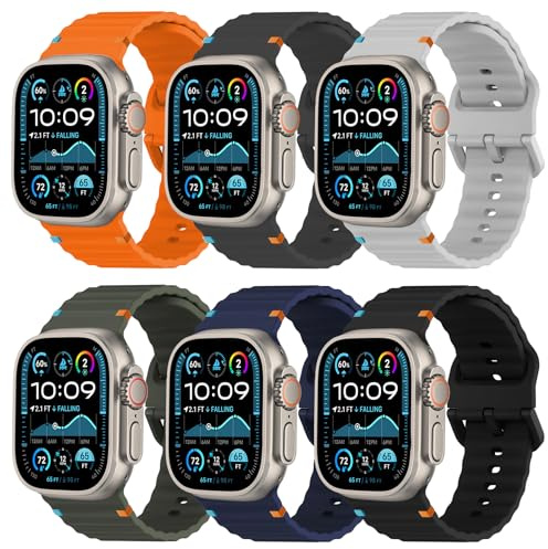 Correa Deporte Compatible con Apple Watch Ultra 2/Ultra 49mm 46mm 45/44/42mm(Series 3 2 1) Hombre Mujer, Suave Silicona Impermeable Transpirable Correas para iWatch 10 9 SE 8 7 6 5 4, 6 Pack Pulsera